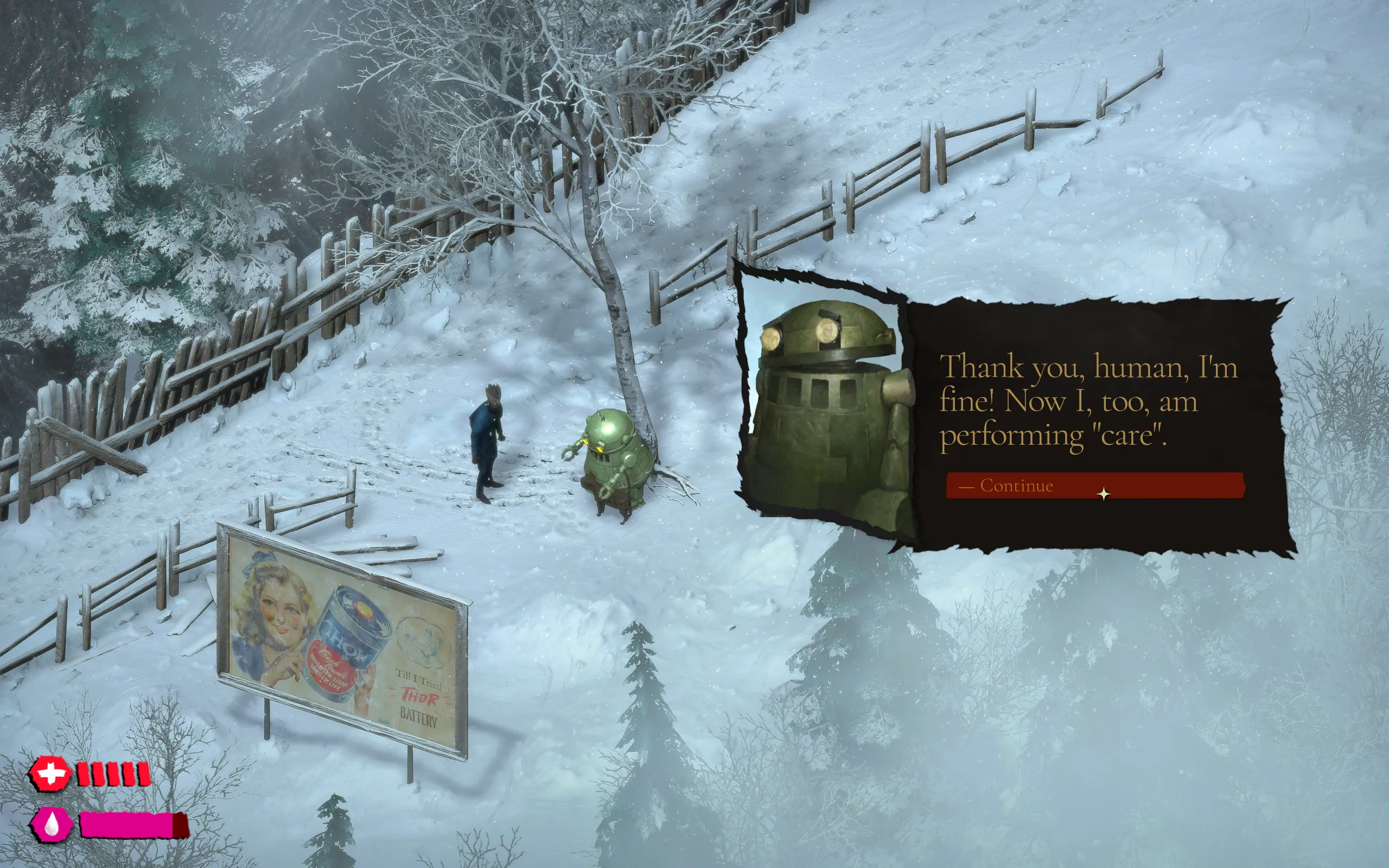 A cute robot says "Now I too am performing care"