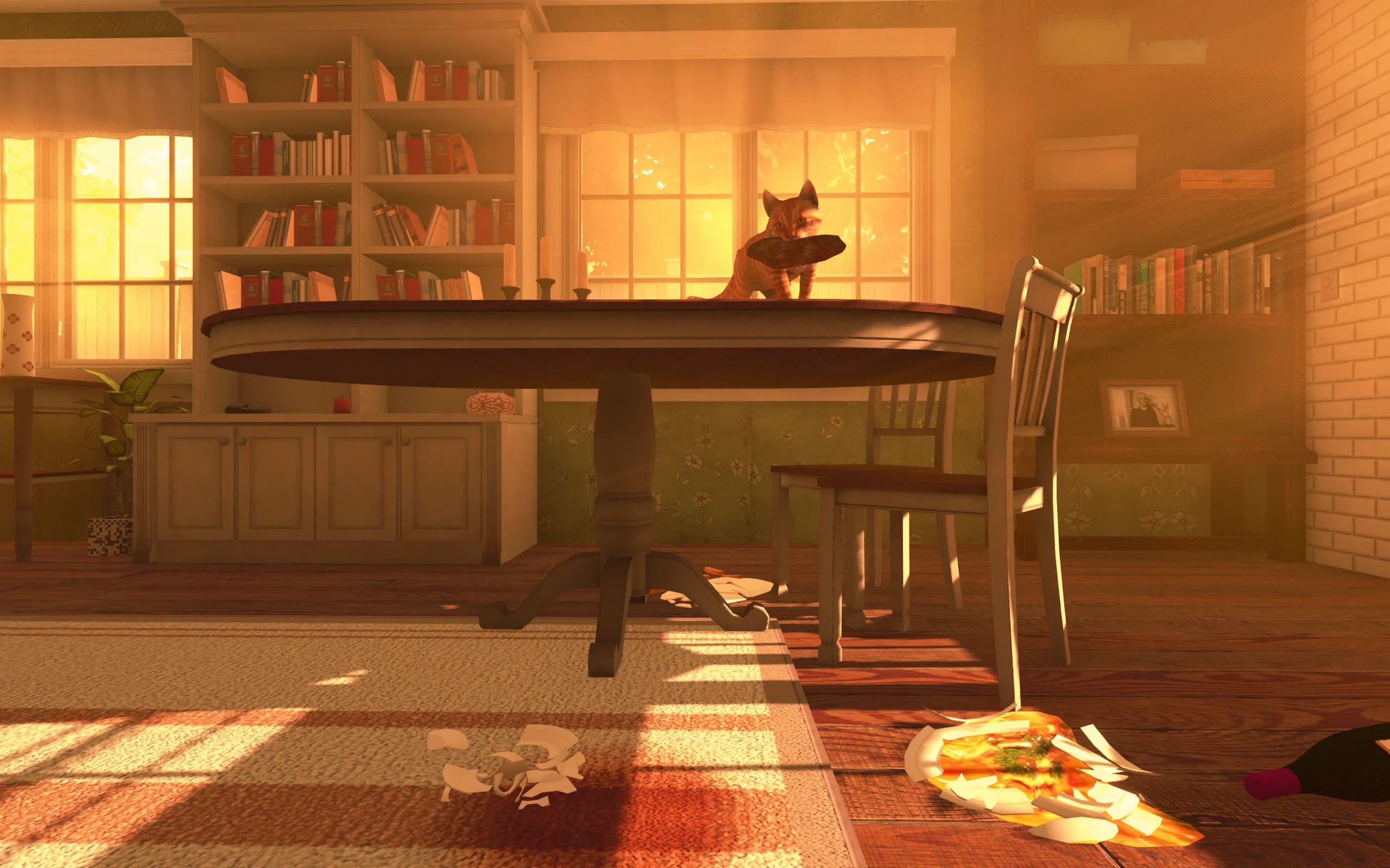 A cat stands on a table holding a large piece of meat. Smashed dishes covered with food line the floor.