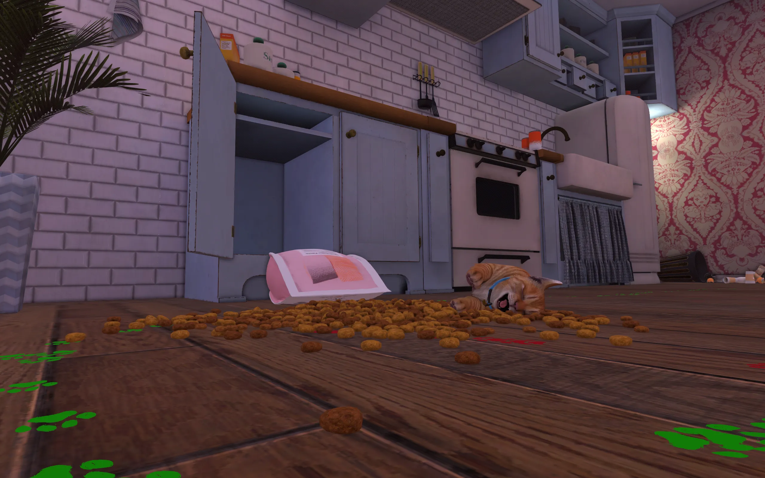 A cat rolls around in spilled kibble with a big smile on its face.