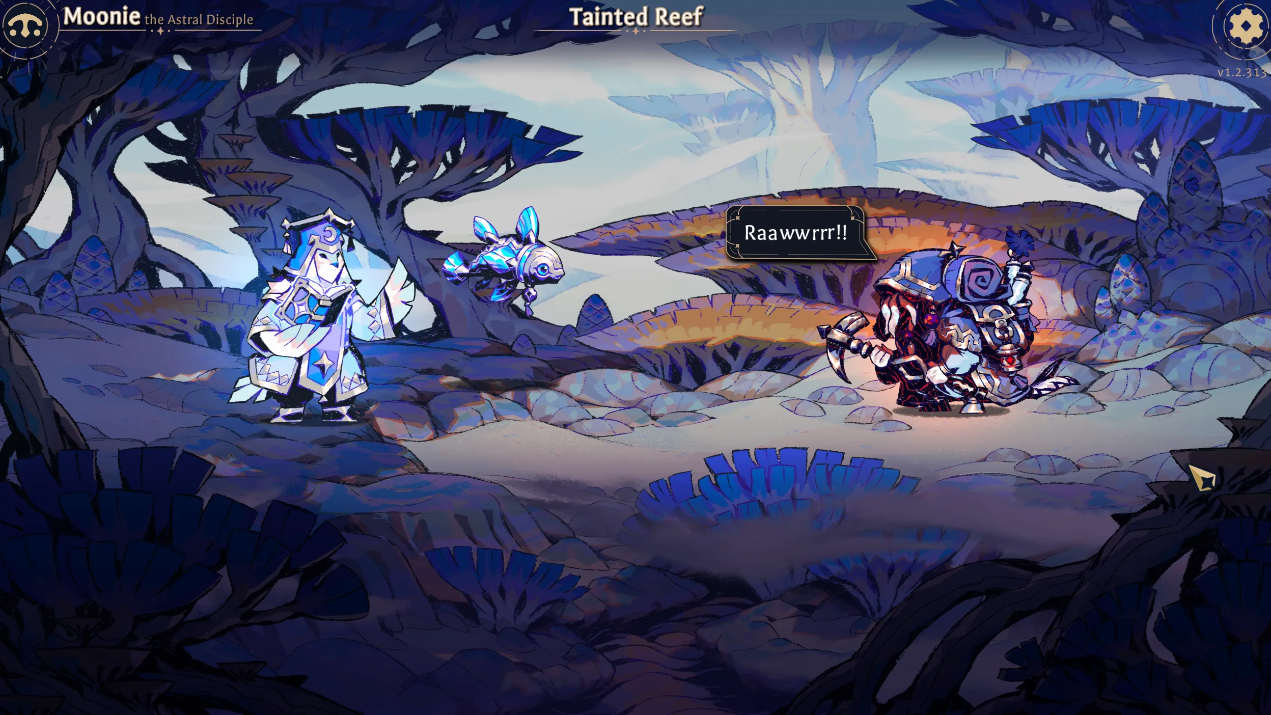 A pastel owl looks at a monster. The monster says "Rawr"