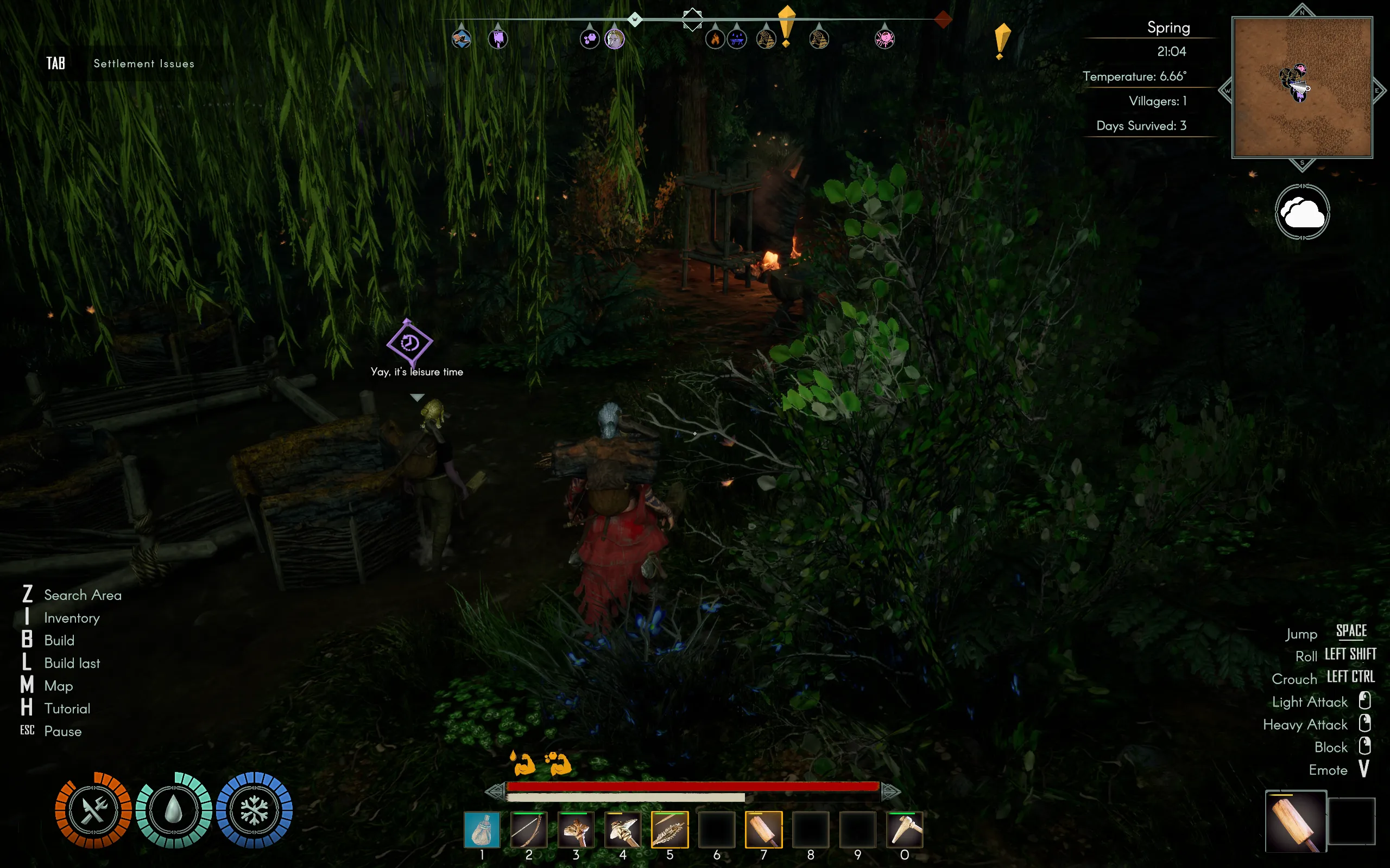 A woman in a dark forest says "Yay it's leisure time"