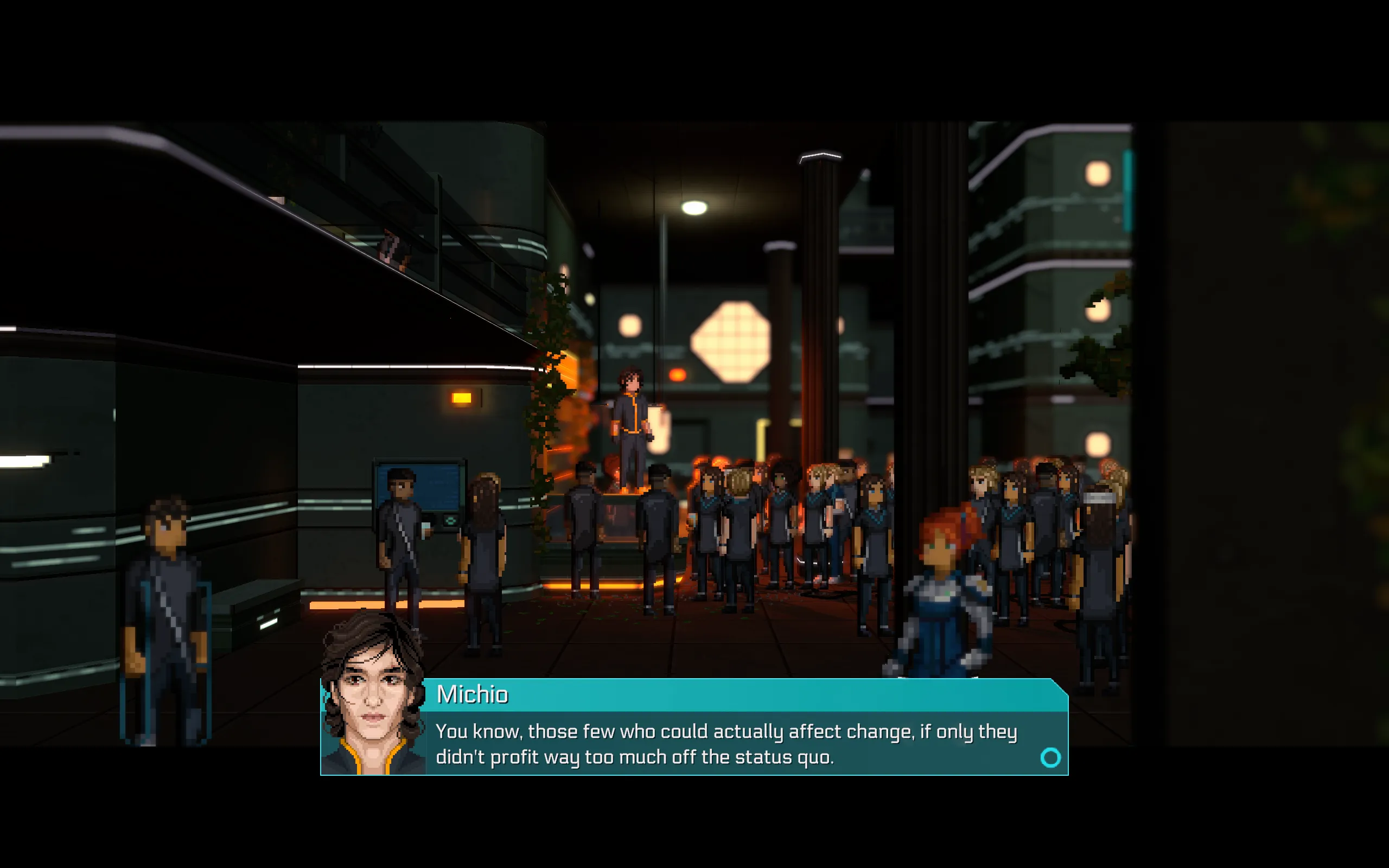 A man named Michio stands on a counter, saying "Those few who could actually affect change, if only they didn't profit way too much off the status quo."