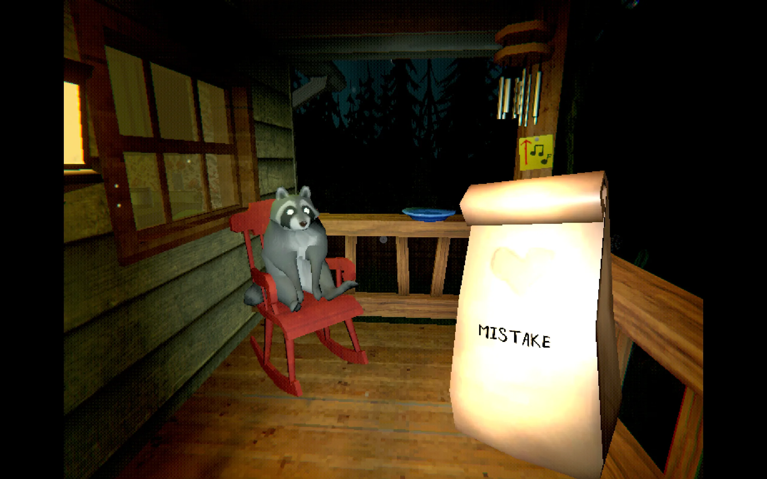 A person walks towards a raccoon on a rocking chair holding a paper bag labelled "mistake"