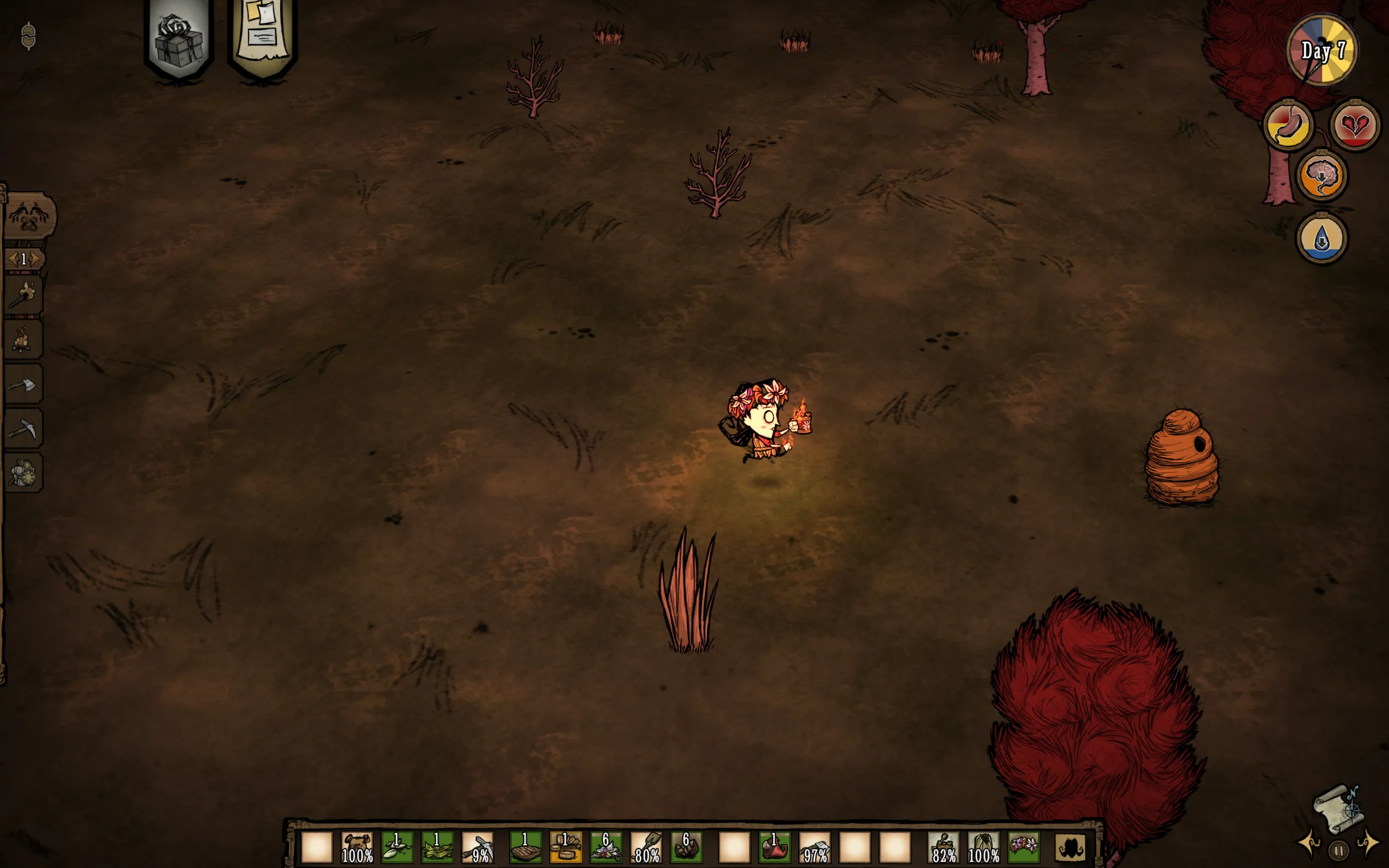 A girl wearing a flower garland runs towards a beehive carrying a lighter