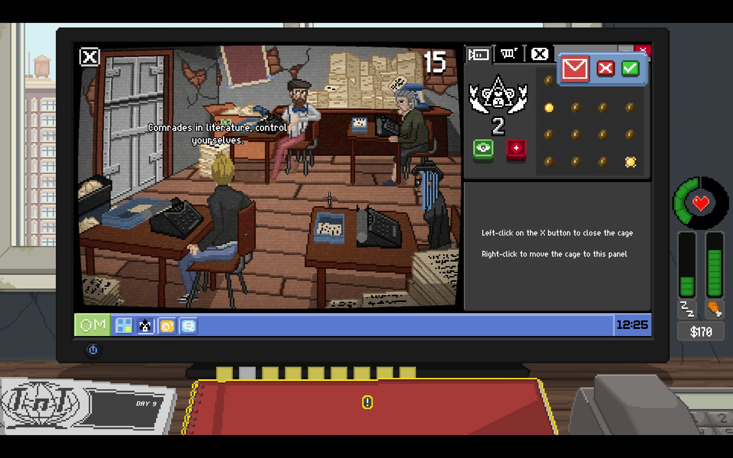 A man sitting in front of a typewriter says "Comrades in literature! Control yourselves!"