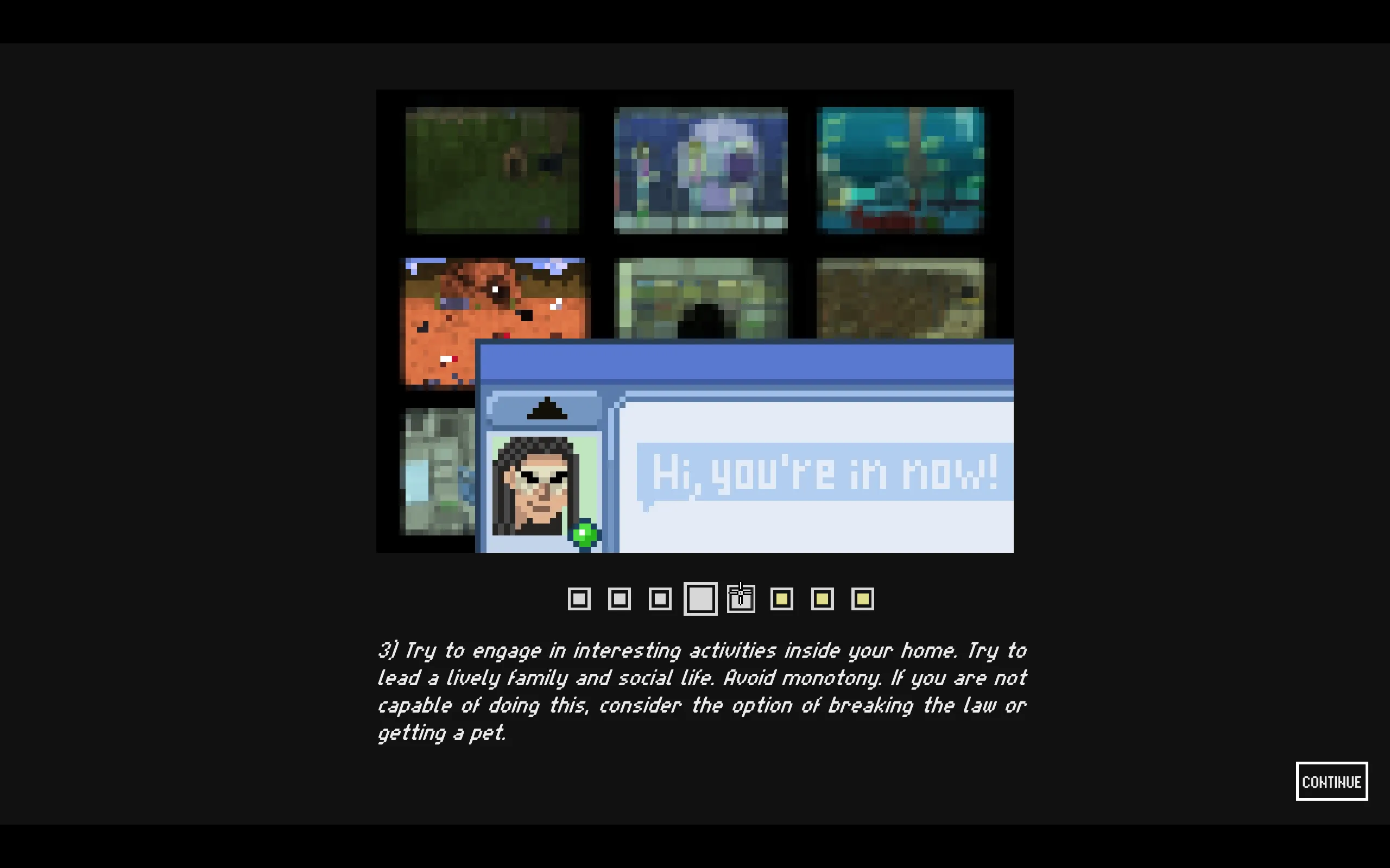 A text box says to engage in social activities, and if that isn&#x27;t possible, to do crime