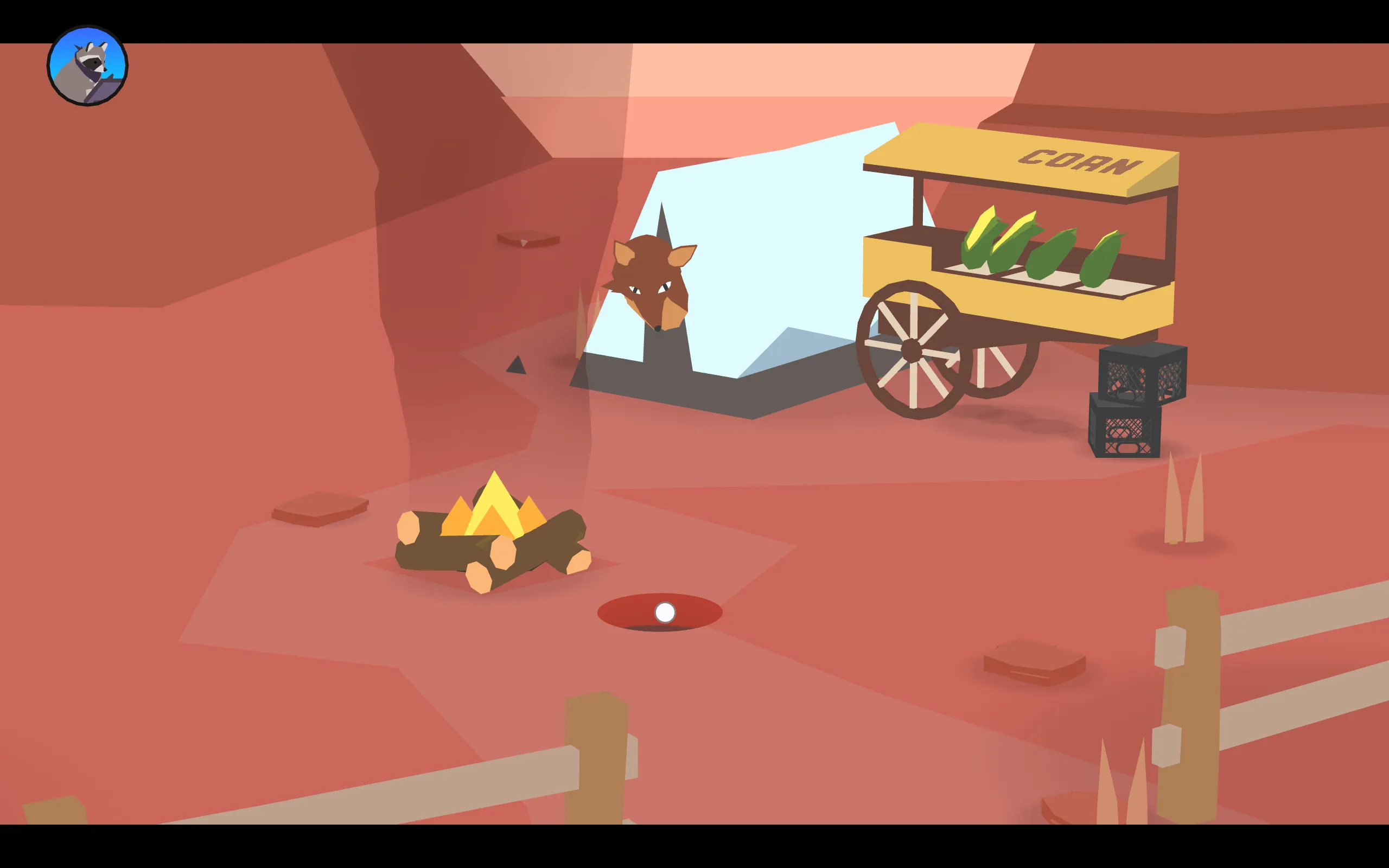 A coyote in a tent watches a hole devour a campfire